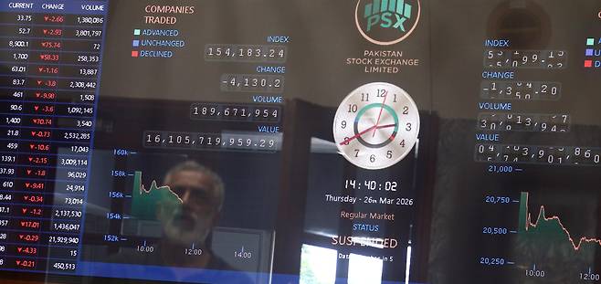 26일 파키스탄 카라치의 파키스탄 증권거래소(PSX)에서 거래자가 주가를 모니터링하고 있다. /연합뉴스