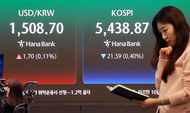 (서울=뉴스1) 이호윤 기자 = 27일 서울 중구 하나은행 본점 딜링룸 전광판에 종가가 표시되고 있다. 이날 코스피지수는 전일 대비 21.59포인트(p)(0.40%) 내린 5438.87, 코스닥은 4.87p(0.43%) 오른 1141.51로 장을 마감했다. 달러·원 환율은 전일 대비 1.7원 오른 1508.70원에 거래되고 있다. 2026.3.27/뉴스1