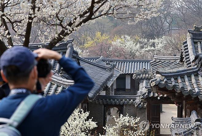 봄이 온 창덕궁 (서울=연합뉴스) 이재희 기자 = 27일 서울 종로구 창덕궁 낙선재를 찾은 관람객이 사진을 찍고 있다. 2026.3.27 scape@yna.co.kr