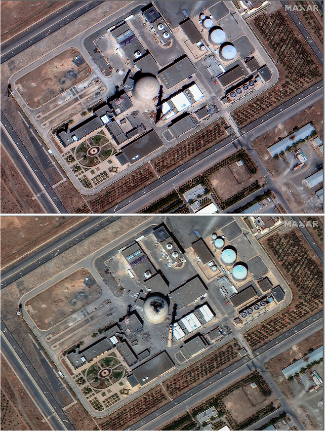 맥사 테크놀로지스가 지난해 6월18일(현지 시간) 제공한 위성 조합 사진에 이스라엘의 공습 이전, 이란의 아라크 중수로 시설(위)과 공습 이후의 모습(아래)이 보인다. 2026.03.28 아라크=AP 뉴시스