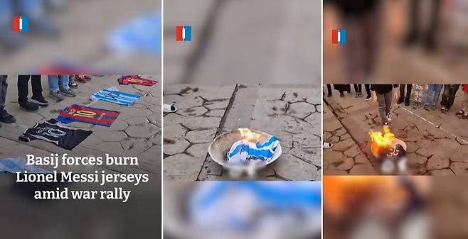 이란 바시즈 민병대가 집회 도중 아이들이 지켜보는 가운데 메시 유니폼을 불태우도록 시켰다는 보도가 나왔다./ 이란 인터내셔널