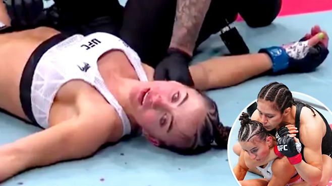 메이시 바버가 기절한 상태에서 초크를 당한 뒤 쓰러진 모습. 사진=야후 스포츠