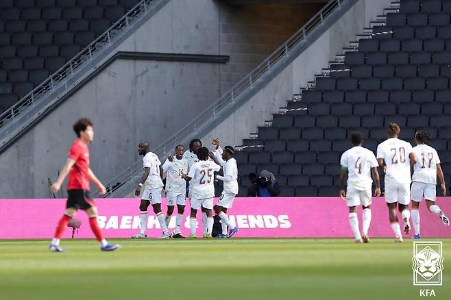 28일(현지시간) 영국 밀턴 케인스의 스타디움 MK에서 열린 한국과 코트디부아르 평가전에서 코트디부아르 선수들이 골을 넣고 기뻐하고 있다. (대한축구협회 제공. 재판매 및 DB금지) 2026.3.29 ⓒ 뉴스1