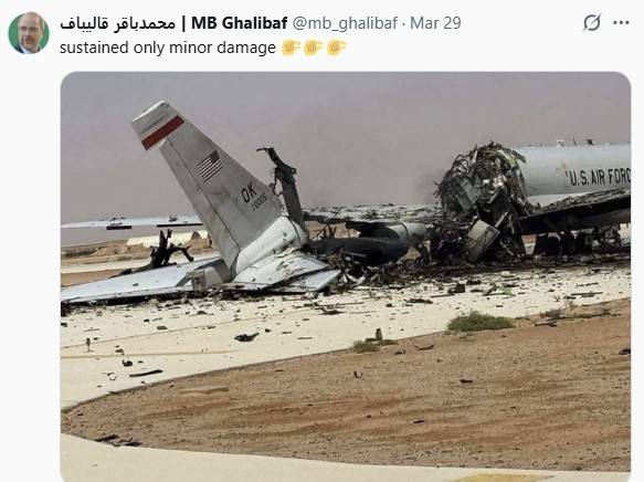 갈리바프 의장은 사우디아라비아 공군기지에서 이란의 미사일 공격으로 파괴된 미군 공중조기경보통제기(AWACS) 사진을 올리며 "아주 경미한 손상만 입었다"는 글과 함께 손가락을 조금 꼬집는 모양의 이모티콘 3개를 덧붙였다. / 사진=갈리바프 의장 엑스 캡처