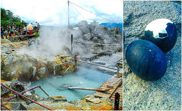 오와쿠타니 노천탕. 노천탕 가운데에 달걀을 삶는 도구가 놓여 있다. 사진 권헌교 (오른쪽) 노천에서 삶아 껍질이 검게 변색된 달걀. 이 달걀을 먹으면 7년을 더 산다고 해서 사 먹는 사람이 많다.