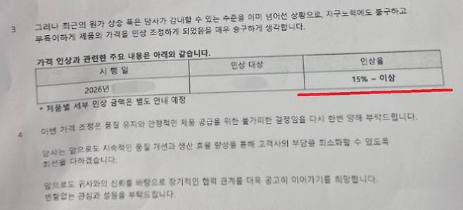 지난 30일 서울 중구 충무로의 한 현수막 제작 업체에 중동 사태로 인한 원유 가격 상승으로 현수막 원단 가격을 올린다는 내용(빨간 밑줄)의 원단 제조 업체가 최근 보내온 공문이 놓여 있다. 김동환 기자