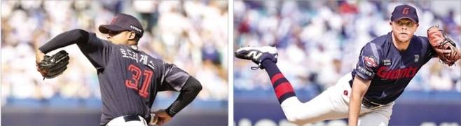 롯데 자이언츠 외국인 투수 엘빈 로드리게스가 지난 28일 대구 삼성 라이온즈 파크에서 열린 2026 프로야구 삼성 라이온즈와의 개막전에서 역투하고 있다(왼쪽 사진). 오른쪽은 로드리게스와 원투 펀치를 이루는 제레미 비슬리가 29일 삼성과의 개막 시리즈 2차전에 등판해 공을 던지는 모습. 롯데 자이언츠 제공