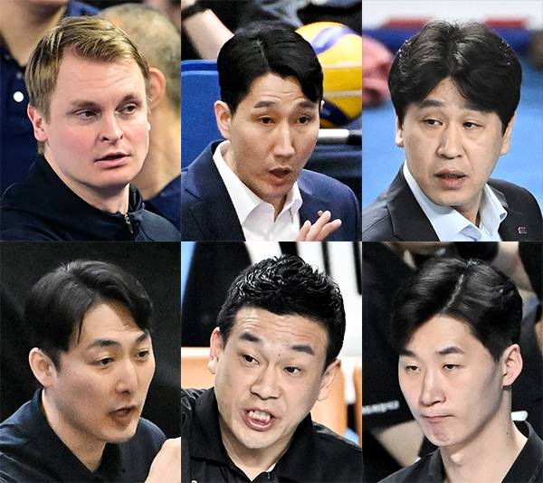 프로배구 감독들. 왼쪽부터 토미 틸리카이넨, 권영민, 김종민, 하현용, 권오현, 박철우. 한국배구연맹 제공