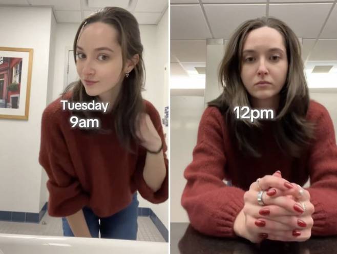 노아 돈란이 오전 9시의 모습과 오후 1시 모습을 찍어 비교하는 영상을 자신의 사회관계망서비스(SNS)에 게시했다./사진=틱톡 @noadonlan, 뉴욕포스트 캡처