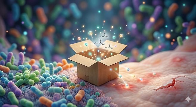 대장 내부의 염증 부위를 정확히 찾아가 치료 성분을 터뜨리는 '이눌린-부틸레이트 나노겔'의 스마트한 배달 과정을 친숙한 택배 상자 이미지로 시각화했다. 딱딱한 논문의 틀을 깨고 나온 나노 알약이 손상된 장벽을 수리하며 장내 미생물 생태계를 울창한 숲처럼 되살리는 역동적인 회복의 순간을 담았다. (그래픽=제미나이 생성)