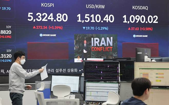 우리나라가 세계 3대 채권지수 중 하나인 세계국채지수(WGBI)에 1일 공식 편입됐다. 이날 오전 서울 중구 우리은행 본점 딜링룸 전광판에 코스피와 환율이 표시돼 있다. 연합뉴스
