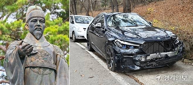 정조대왕의 효심이 담긴 수원특례시 효행길 일대가 화물차와 캠핑카 등의 불법 주차, 쓰레기 투기, 물건 적치 등으로 몸살을 앓고 있다. 사진은 녹슬고 새똥으로 얼룩진 정조대왕 동상(왼쪽), 사고 차량 모습. 김시범기자