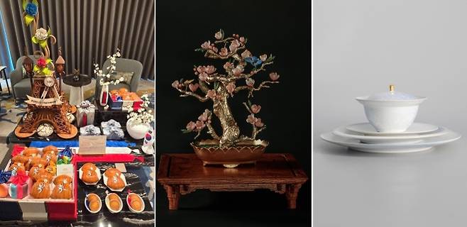 프랑스 대통령 부부를 위한 선물 - 청와대는 3일 에마뉘엘 마크롱 프랑스 대통령 부부의 국빈 방한과 관련해 준비한 선물을 공개했다. 정상이 머무는 숙소에는 2026 프랑스 파리 ‘쿠프 뒤 몽드 드 라 불랑주리’에서 우승한 대한민국 국가대표팀 제빵사 3인이 제작한 웰컴 선물(왼쪽)을 비치했다. 마크롱 대통령을 위해서는 1886년 프랑스와의 수교를 기념해 고종 황제가 사디 카르노 대통령에게 선물한 반화(받침 위에 각종 보석으로 만든 장식품)를 재해석한 ‘고종 반화 오마주’를 준비했다. 복숭아꽃은 행운·번영·풍요 등을 의미하며, 한불 수교의 새로운 시작과 양국의 영원한 번영을 기원하는 뜻을 담고 있다. 브리지트 여사를 위해서는 고난도 도자기 기술을 적용한 양식기 세트 등을 준비했다. 2026.4.2 청와대 제공