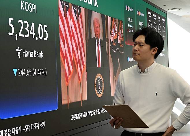 도널드 트럼프 미국 대통령이 대국민 연설을 한 후 국내 증시가 하락한 2일 서울 중구 하나은행 딜링룸에 금일 종가가 표시되어 있다. 성형주 기자