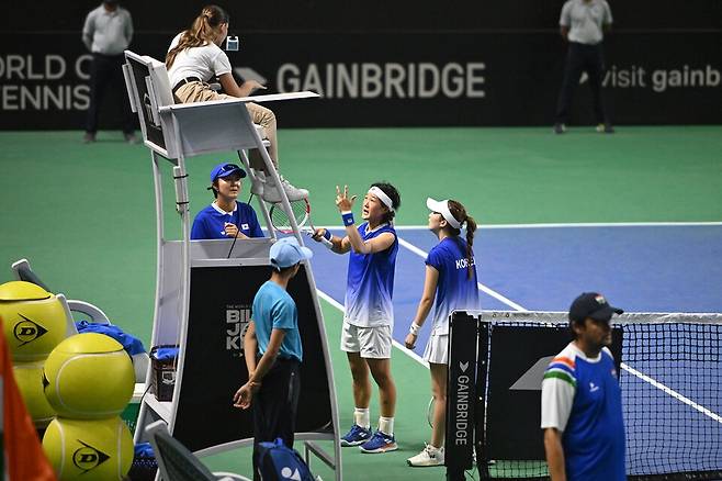 한국은 작년, 인도와의 경기에서 지독한 홈콜 불운에 시달려야 했다. 사진은 작년 인도와의 복식 경기 중. 김다빈이 오심콜이 벌써 3개째라며 항의하는 모습이다 / MSLTA