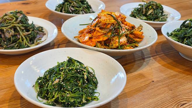 고은정 음식연구가가 차린 머위, 고들빼기 등 지리산 산나물./박진성 기자