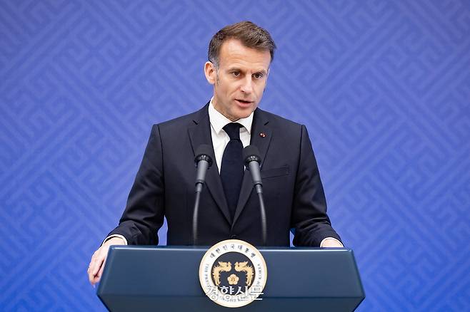 에마뉘엘 마크롱 프랑스 대통령이 3일 청와대에서 열린 이재명 대통령 주최 국빈 방한 환영 오찬에서 답사하고 있다. 청와대사진기자단