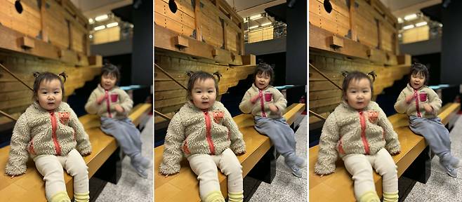 가운데는 아이폰17e 일반 촬영모드로 찍은 사진. 왼쪽 사진은 왼쪽 아이를 대상으로 인물모드를 적용한 사진. 오른쪽 사진은 오른쪽 아이를 대상으로 인물모드를 적용한 사진./안상희 기자