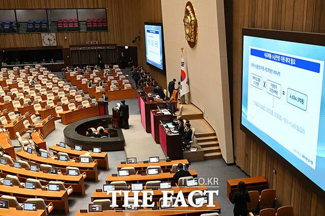 오기형 더불어민주당 의원의 석유 관련 질문 듣는 김정관 산업통상부 장관.