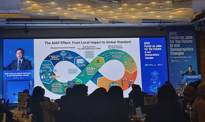 7일 서울 여의도 콘래드 호텔에서 열린 ‘APEC 미래일자리 포럼’에서 로런스 류 ‘에이아이 싱가포르’ 국장이 발표하고 있다.