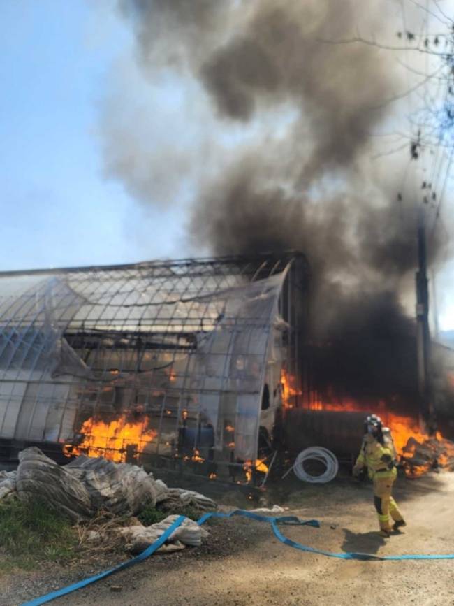 ▲ 7일 오후 2시 8분쯤 철원군 갈말읍 내대리 비닐하우스에서 불이 나 소방당국이 진화했다. 강원소방본부 제공