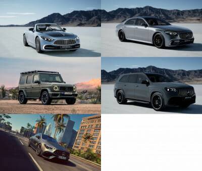 왼쪽부터 순서대로 메르세데스-마이바흐 SL 680 마누팍투어 익스클루시브 에디션, 메르세데스-AMG S 63 E 퍼포먼스 마누팍투어 익스클루시브 에디션, 메르세데스-AMG G 63 뱅가드 에디션, 메르세데스-AMG GLS 63 4MATIC+ 론치 에디션, 메르세데스-AMG CLA 45 S 4MATIC+ 파이널 에디션 (사진=메르세데스-벤츠코리아)