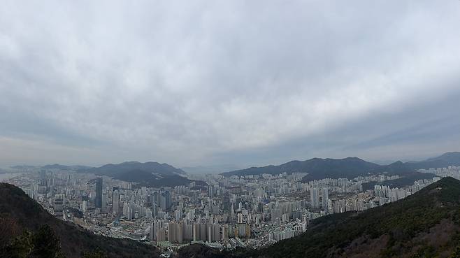 황령산 꼭대기에서 내려다본 부산의 풍경. 흐리지만 맑은 공기 아래 도시가 손에 잡힐 듯 선명히 보였다. /오성은 소설가·세명대 교수