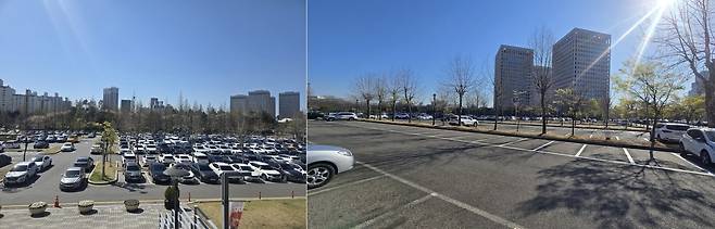 공공기관 차량 2부제가 시행된 8일 오전 (왼쪽부터)대전 둔산대공원 주차장과 비교적 한산한 정부대전청사 주차장 모습. 독자 제공·김영태 기자