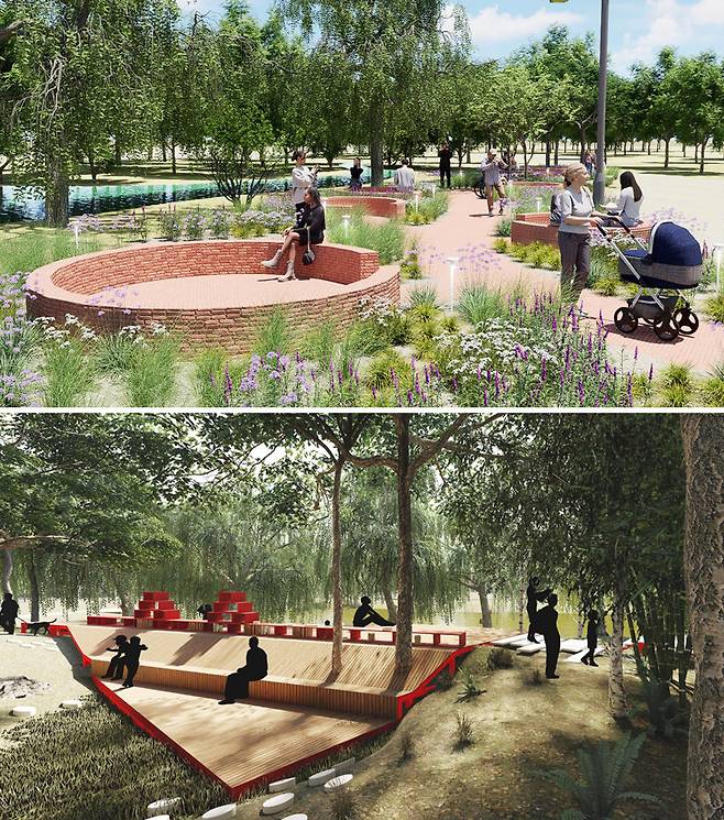 5월 1일 서울숲에서 개막하는 ‘2026 서울국제정원박람회’에서 선보일 ‘무신사’ 정원(위 사진)과 ‘영풍문고’ 정원 3D 상상도. 서울시 제공