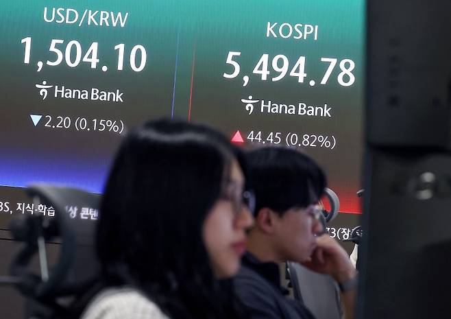 7일 서울 중구 하나은행 본점 딜링룸 전광판에 원/달러 환율, 코스피가 표시돼 있다. 이날 코스피는 전장보다 44.45포인트(0.82%)오른 5494.78로 마감했다. 2026.4.7 /연합뉴스