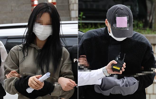 축구 국가대표 선수 손흥민씨의 아이를 임신했다고 주장하며 손씨를 협박한 20대 여성 양모씨(왼쪽)와 40대 남성 용모씨가 지난해 5월 구속 전 피의자 심문(영장실질심사)을 받기 위해 서울 서초구 서울중앙지법에 들어서고 있다. 연합뉴스