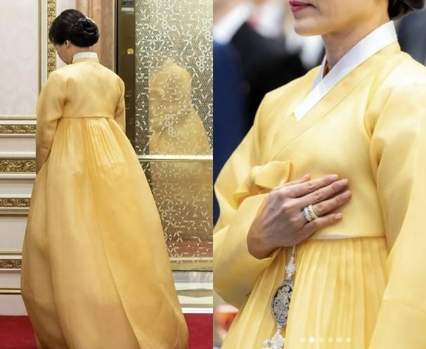 에마뉘엘 마크롱 프랑스 대통령 대통령실 전속 사진작가 알렉산드라 르봉은 지난 6일 자신의 인스타그램에 김혜경 여사가 지난 3일 국빈 환영 오찬에서 착용한 한복과 장신구 등을 조명한 사진들을 공개했다. 알렉산드라 르봉 인스타그램