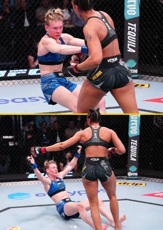 앨리스 페레이라가 헤일리 코완을 쓰러뜨리고 있다. /사진=UFC 영상 갈무리