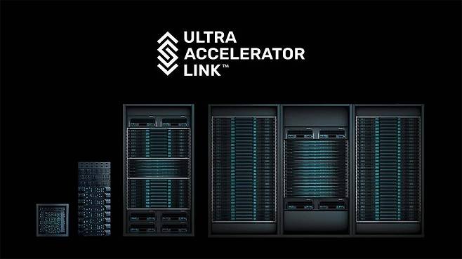 AMD 어드밴싱 AI 2025에서 공개된 ‘헬리오스’ 서버 랙, AMD는 UA링크를 기반으로 인스팅트 MI 시리즈 가속기를 연결하고 있다 / 출처=AMD