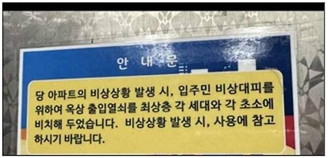 엘리베이터 내 옥상광장 대피 정보 안내문 게시 사례. 한국소비자원 제공