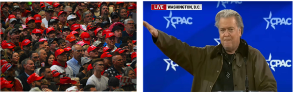 MAGA 집회와 보수 정치 행사 장면. 트럼프 1기의 대중동원 정치와 트럼프 2기의 기술·권력 재편은 동일하지 않다. 이 이미지는 내부에서 분열되고 있는 권력 블록의 긴장을 상징한다.