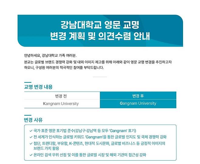 경기 용인시 강남대학교가 지난달 구성원을 대상으로 영문 교명 변경에 관한 의견 수렴을 진행했다./강남대 홈페이지 캡처