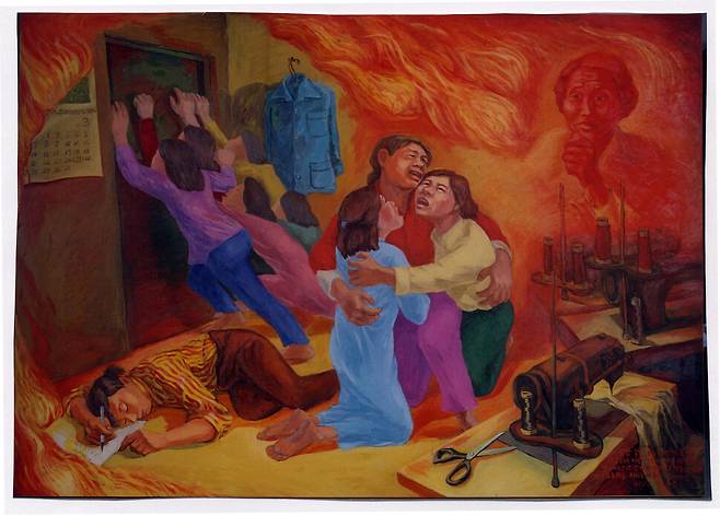 김인순의 ‘그린힐 화재에서 스물두명의 딸들이 죽다’, 1988, 천에 아크릴릭, 150×190㎝. 서울시립미술관 소장. 안양의 그린힐 봉제공장 화재로 10대 젊은 여성들이 목숨을 잃은 끔찍한 사건을 다룬 그림이다. 그린힐 화재는 불법 기숙사와 무허가 공장을 숨기기 위해 사측에서 출입문을 잠근 탓에 공장에서 일하던 28명 중 22명의 여성들이 죽게 된 인재였다.