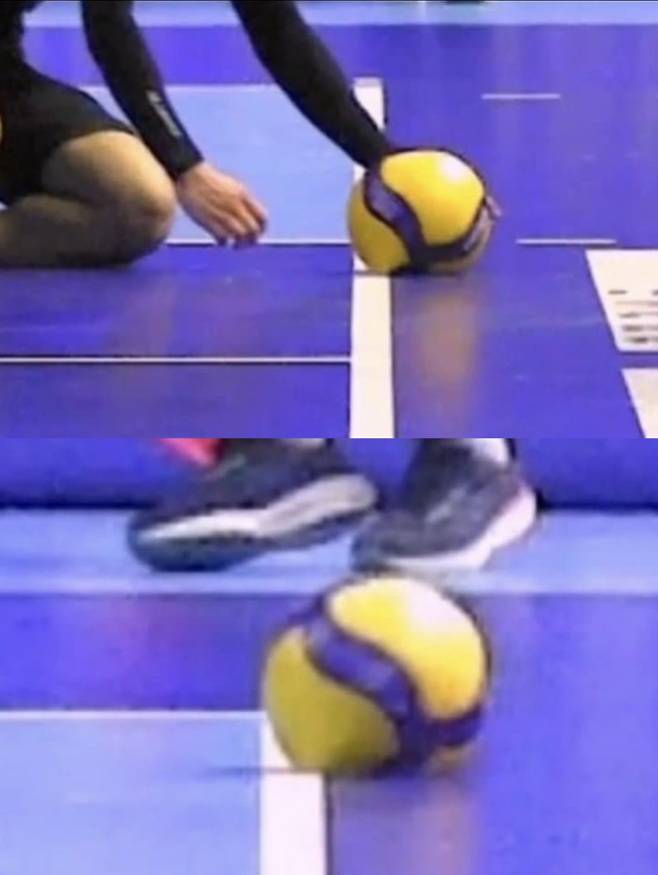 남자부 챔프전 2차전에서 아웃에서 인으로 번복된 장면(위)과 아웃으로 그대로 판정이 유지된 장면. 중계 화면 캡처