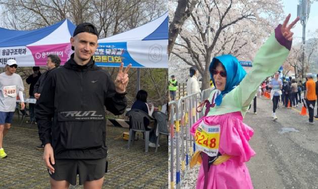대청호 벚꽃길 마라톤 대회에 처음 참가한 외국인 참가자 세리코 안톤(34) 씨와 5km 건강코스에 참가한 배영화(66) 씨사진=함성곤, 조정민 기자