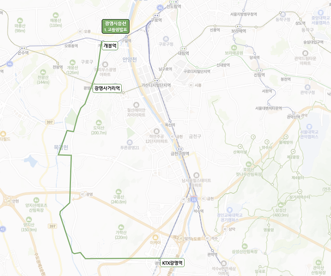 광명시와 서울 구로구를 잇는 광명시흥선의 전체적인 경로를 보여주는 광역 노선도. 아실 캡처