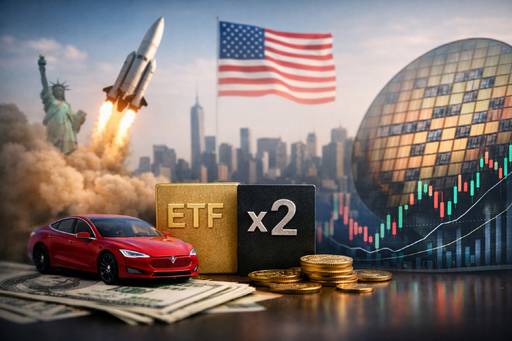 /ChatGPT로 생성한 이미지. 미국 증시를 배경으로 테슬라·레버리지 ETF·우주항공·반도체 등 고위험 성장자산에 자금이 몰리는 투자 흐름을 상징적으로 표현.
