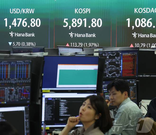 10일 서울 중구 하나은행 본점 딜링룸 전광판에 지수가 표시되고 있다.2026.4.10 ⓒ 뉴스1 이종수 인턴기자