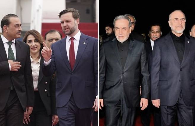 미국 대표단(왼쪽)과 이란 대표단. AP·EPA=연합뉴스