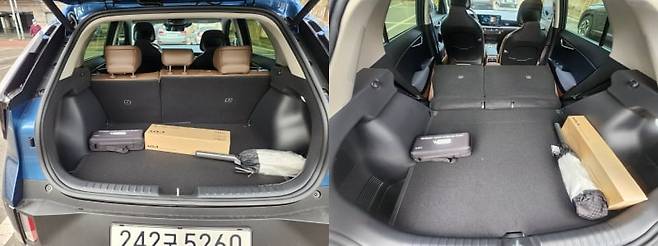 부분변경 신형 니로 트렁크. 오른쪽은 후석을 접었을 때다. 사진=최수진 한경닷컴 기자.