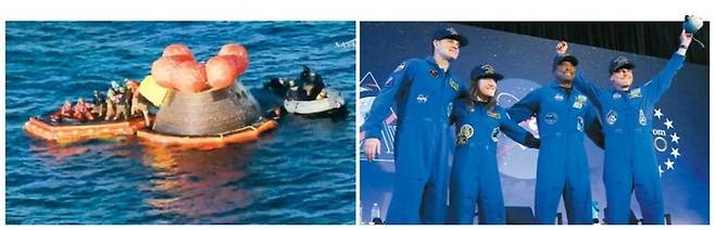 아르테미스 2호 우주비행사들이 지난 10일(현지시간) 미국 캘리포니아주 샌디에이고 인근 바다에 착수한 뒤 우주선에서 나오고 있다. NASA는 이날 우주비행사 4명을 태운 아르테미스 2호가 50여 년 만의 유인 달 근접 비행 임무를 성공적으로 마치고 귀환했다고 밝혔다(왼쪽 사진). 제러미 핸슨, 크리스티나 코크, 빅터 글로버, 리드 와이즈먼(왼쪽부터) 등 아르테미스 2호 우주비행사들이 11일 미국 텍사스주 휴스턴 엘링턴 필드에서 열린 귀환 행사 무대에 오르고 있다. NASA·AFP연합뉴스·AP연합뉴스