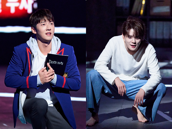 뮤지컬 ‘데스노트’에서 라이토 역의 고은성(왼쪽)과 엘 역의 김준수. 40초의 운명을 사이에 두고 맞선 두 천재의 심리전이 이어진다. 각기 다른 정의를 내세운 두 인물의 팽팽한 대립이 극의 긴장감을 끌어올린다. 사진제공|오디컴퍼니