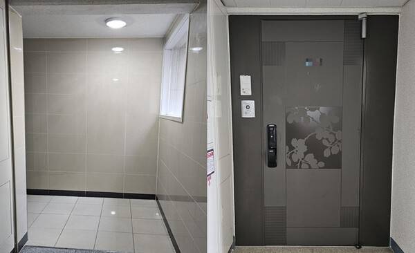 정상적인 전실(재난 대피시설·왼쪽)과 불법으로 문을 달아 구조를 변경한 전실 입구 모습.