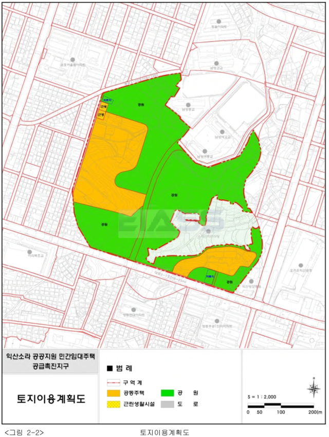 익산소라 공공지원 민간임대주택 공급촉진지구 토지이용계획도. 사진 왼쪽 부지가 N-1 블록이며, 오른쪽 부지는 B-1 블록에 해당한다. (익산시 제공)