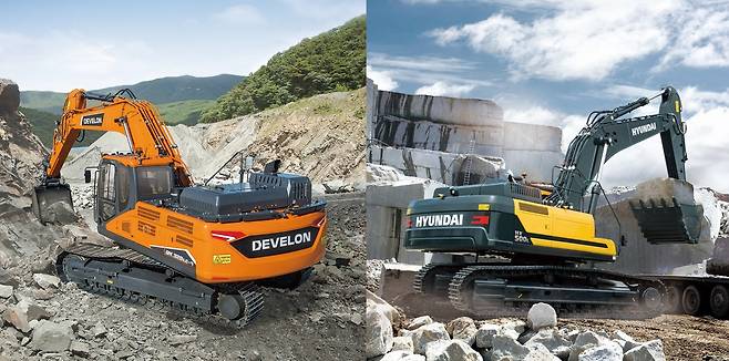 사진 왼쪽부터 HD건설기계 '디벨론(DEVELON)'과 '현대(HYUNDAI)' 중대형 굴착기.(HD건설기계 제공)